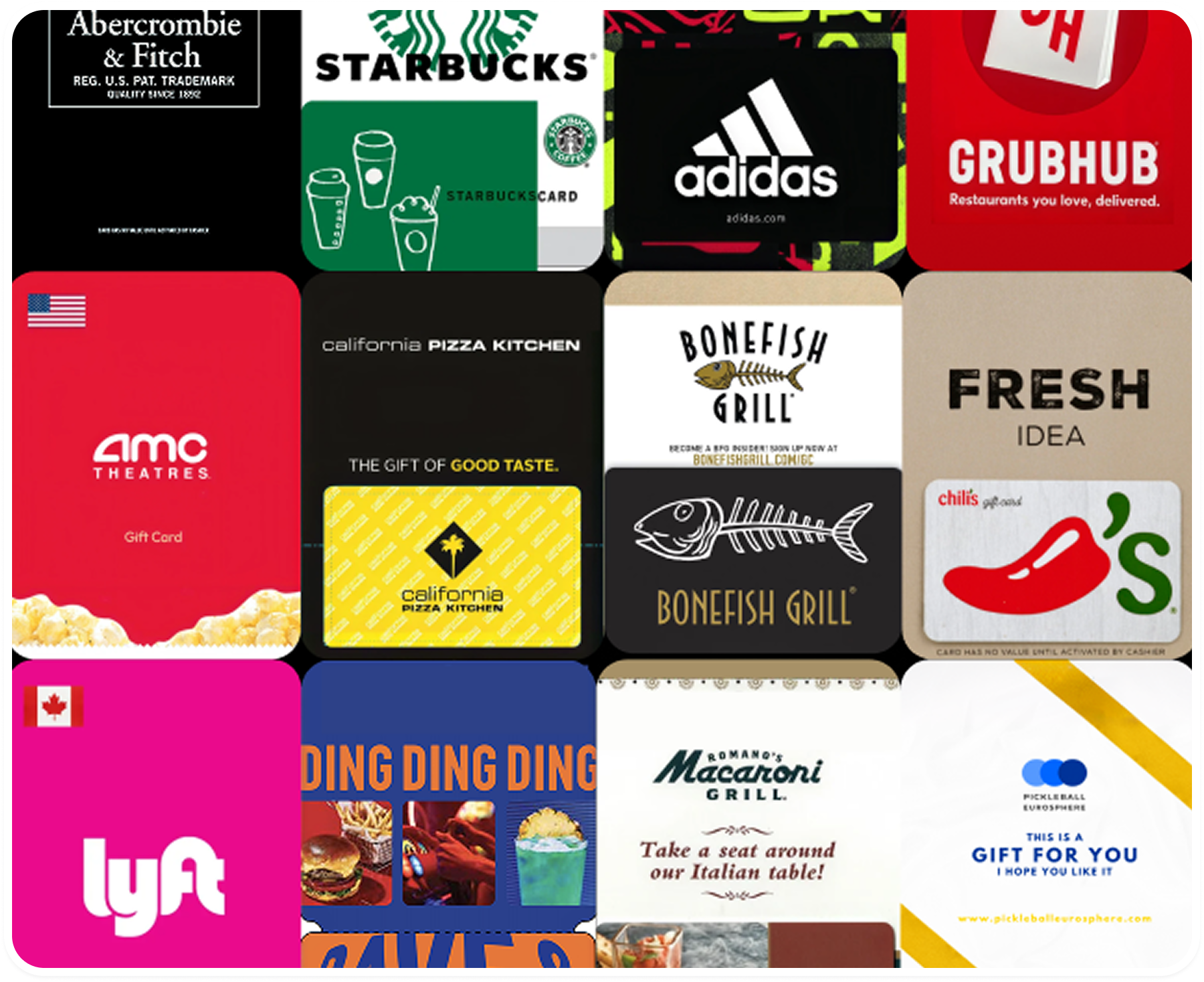 A grid of brand gift cards including Starbucks, Adidas and Lyft