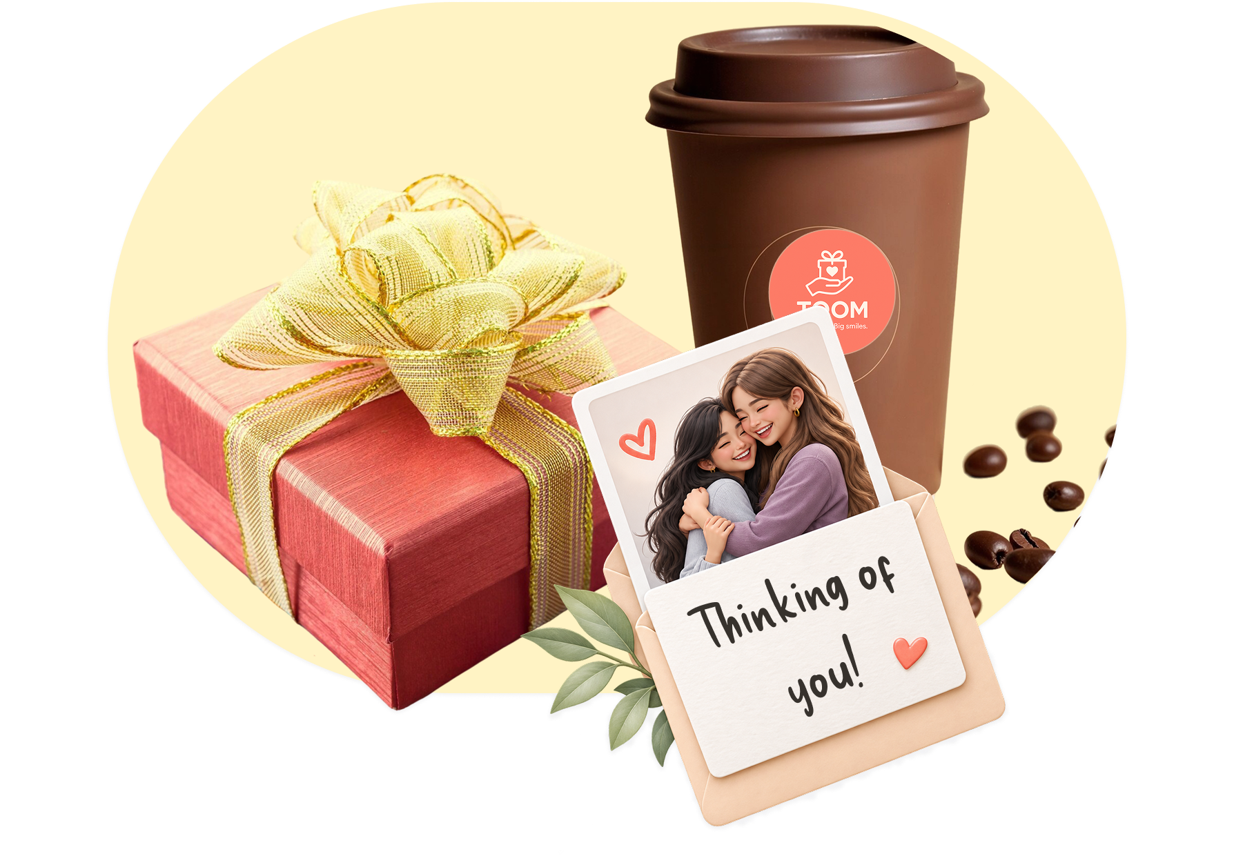 A wrapped gift, a coffee cup and a 'Thinking of you' photo card